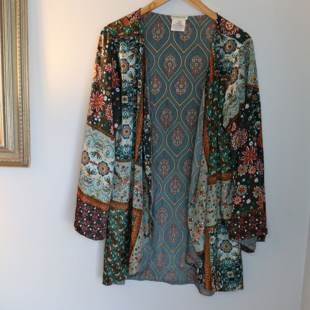 Earthbound Trading Co Kimono Cardigan Womens M/L Boho Patchwork Paisley Floral